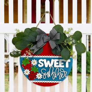 Round Wood Summer Welcome Door Sign With Bow Artificial Greenery Strawberry Flower Decorative Hanging For Porch Home Decor