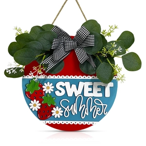 Round wooden Welcome door hanger with Sweet Summer text, berries and eucalyptus leaves