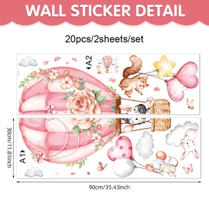 Cartoon animals hot air balloon wall stickers set with bunny zebra and squirrel 90x30cm