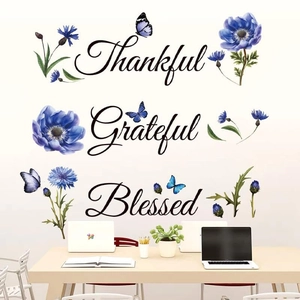 Floral wall stickers with Thankful Grateful Blessed text and blue anemone flowers