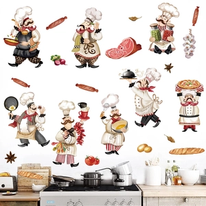 Cartoon chef wall stickers with food elements for kitchen and refrigerator decoration