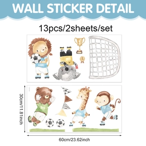 Watercolor soccer animals wall stickers set with lion, bear and giraffe for nursery decor