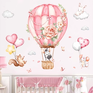 Watercolor Cartoon Animal Hot Air Balloon Wall Stickers For Kids Nursery Room Pink Zebra Rabbit Squirrel PVC Removable Wall Decal