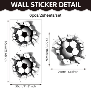 3D football cracked wall stickers set of 6 PVC decals 30x60cm for bedroom decor