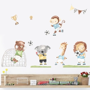 Watercolor animal soccer wall stickers featuring monkey and lion for kids' room decor