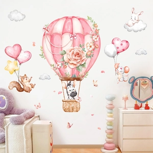 Cartoon animal hot air balloon wall stickers with pink zebra and bunny for nursery decor