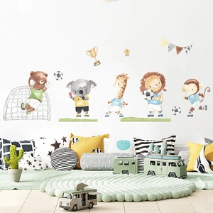 Watercolor animal soccer wall stickers featuring bear and lion for kids room decor