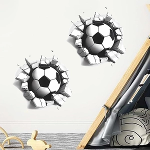 3D football wall stickers with realistic cracked wall effect for bedroom soccer decor