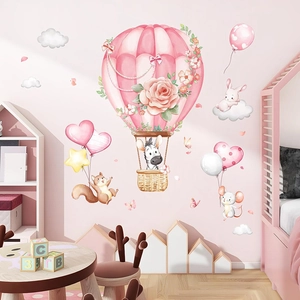 Watercolor animal hot air balloon wall decals featuring zebra and rabbit for nursery decor