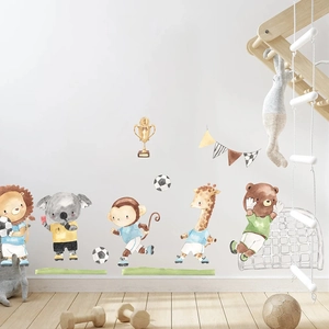 Watercolor Cartoon Soccer Animals Wall Stickers PVC Self Adhesive Nursery Decor Lion Monkey Football Theme Kids Room Wall Decals