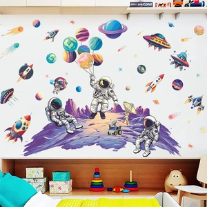 Adesivi murali spazio con astronauti pianeti e razzi per decorazione camera bimbi