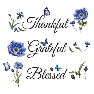Floral wall decals with blue flowers and butterflies featuring Thankful Grateful Blessed text