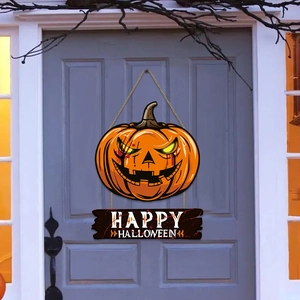 Plaque de porte citrouille d'Halloween en bois avec texte pour décoration murale festive