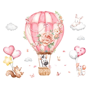 Animal hot air balloon wall stickers featuring zebra and rabbit in pink watercolor style