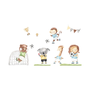 Watercolor soccer animals wall decal featuring bear goalkeeper and monkey player for kids room