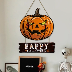 Panneau de porte en bois Halloween citrouille et chauve-souris avec texte Happy Halloween