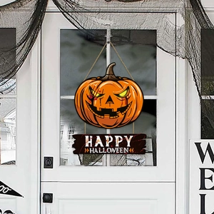 Panneau de porte Halloween en bois avec citrouille et texte Happy Halloween
