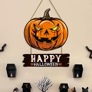 Panneau Suspendu en Bois Citrouille Chauve-souris Halloween Horreur Citrouille d'Halloween Décoration Murale Fête Maison Porte Pendentif