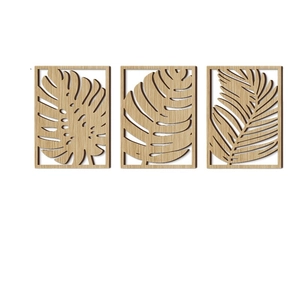 Set of 3 minimalist wooden hollow leaf wall hangings featuring monstera and palm designs