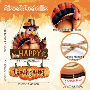 Detail of wooden Thanksgiving sign showing turkey, pumpkins, and rope hanger thickness