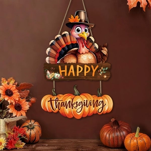 Wooden Thanksgiving turkey and pumpkin hanging sign with Happy Thanksgiving message