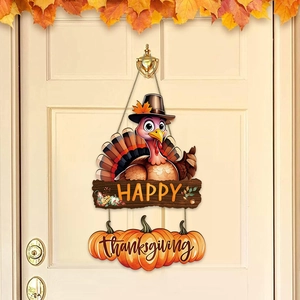 Hanging wooden Thanksgiving turkey and pumpkin sign with Happy Thanksgiving message