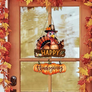 Wooden Thanksgiving turkey and pumpkin door hanger with Happy Thanksgiving text