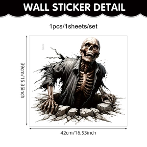 Detail view of 3D Halloween skeleton wall sticker with dimensions 42x39cm