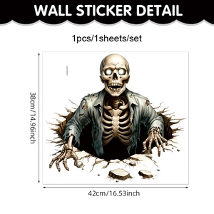 Detailed 3D Halloween wall sticker showing skeleton reaching through a 42x38cm cutout