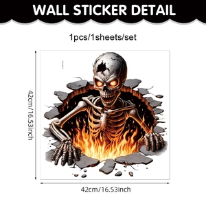 Detailed view of 3D Halloween wall sticker showing a scary skull rising from fiery cracks