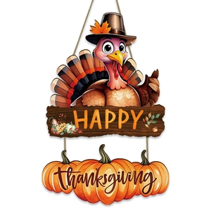 Hanging wooden Thanksgiving sign featuring cartoon turkey, pumpkin harvest and Happy text