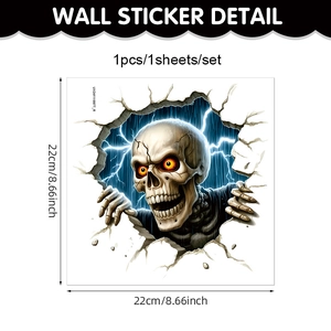 Macro detail of 3D Halloween wall sticker showing zombie skull with lightning effects