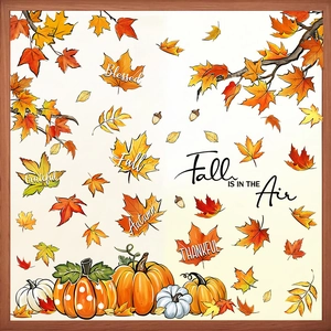 Fall window stickers set with pumpkins and maple leaves for Thanksgiving decoration