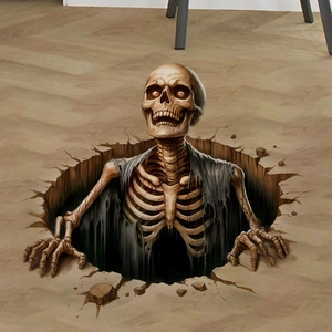 3D Halloween wall decal featuring a realistic skeleton emerging from a cracked floor hole