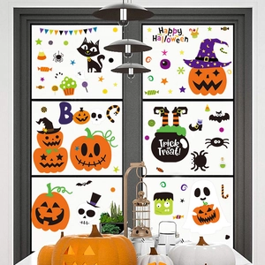Halloween window stickers featuring pumpkins, ghosts and black cat for home wall decoration