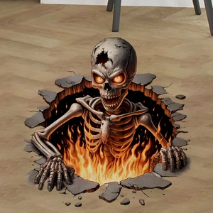 3D Halloween floor decal featuring a scary skeleton crawling through cracks with fire