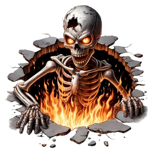 3D Halloween wall sticker featuring a skeletal zombie with flames rising from broken ground