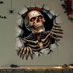 3D Halloween wall decal featuring a scary skeleton with glowing eyes breaking through a wall