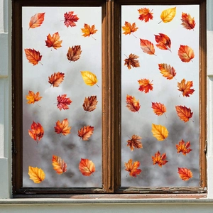 Fall themed static window clings with maple leaves and autumn foliage for glass decoration
