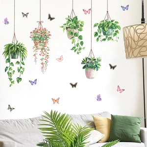 Fresh green hanging plants and butterflies wall stickers for living room home decor