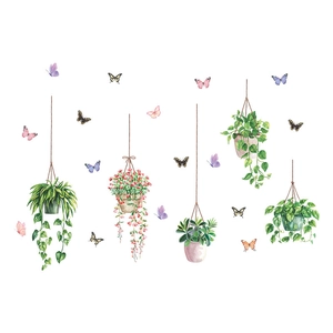 Watercolor hanging green plants and butterflies self-adhesive wall stickers for home decor