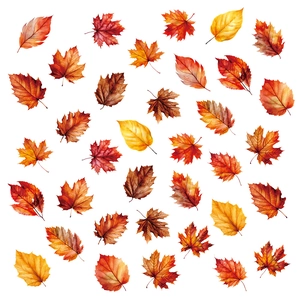 Autumn maple leaf static window stickers set featuring watercolor pumpkins and orange leaves