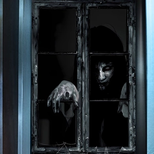 Halloween scary ghost window sticker with red glowing eyes and 3D effect decor