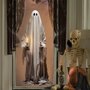 Ghost Halloween decoration with LED candle and draped fabric for indoor window display