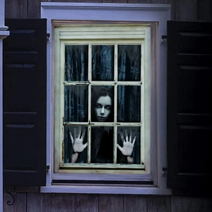 Spooky Halloween window sticker with scary ghost woman and dark forest background