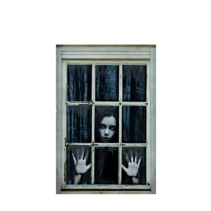 Creepy ghost woman halloween window sticker with realistic wooden frame effect for decor