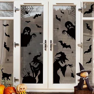 Halloween window stickers featuring black witch silhouettes, bats, and ghosts for home decor