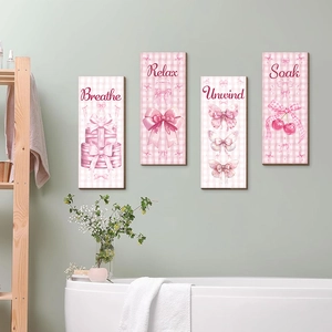 Bohemian pink bow wall decor set with four wooden plaques featuring relaxation quotes