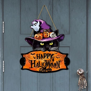 Panneau de bienvenue Halloween en bois avec chat noir et chapeau de sorcière sur porte