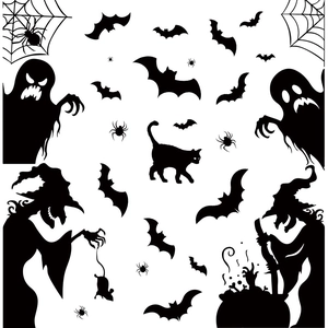Halloween window stickers featuring black witch silhouettes, bats, ghosts and cat decals